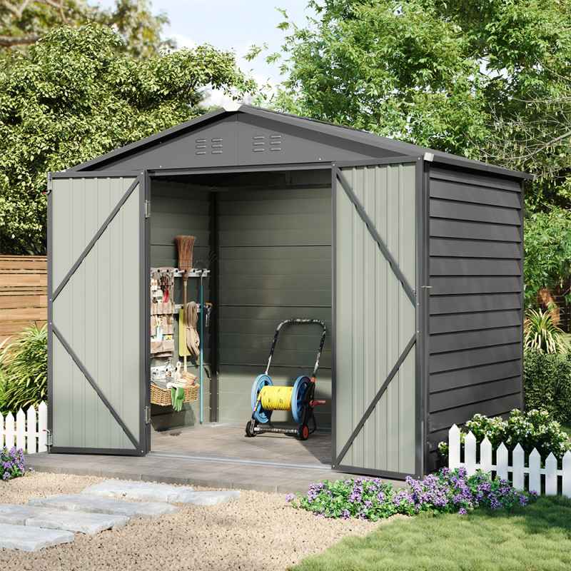 Living and Home 8.1x5.7FT Metal Apex Roof Garden Tool Shed, Grey