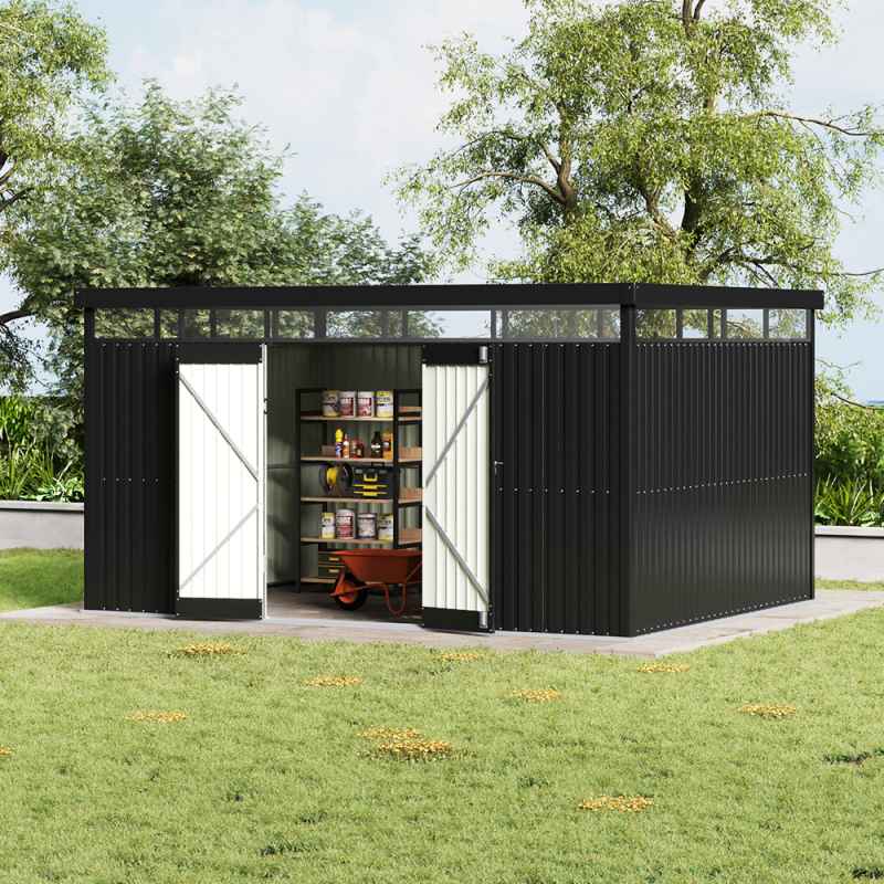 Living and Home 4x3x2m Charcoal Black Galvanized Steel Storage Shed with Lockable Doors