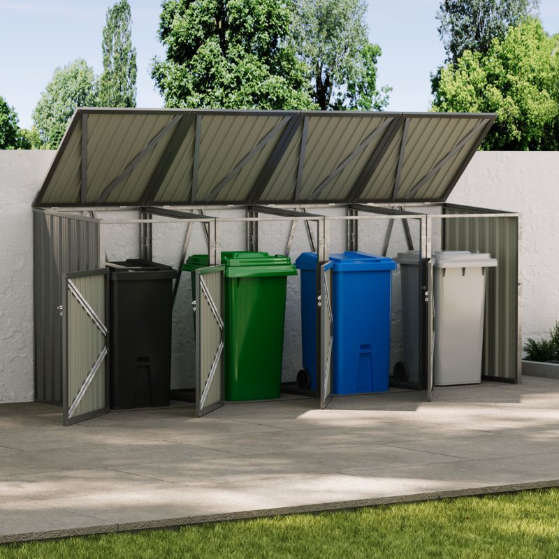 Living and Home 4 Bin Storage Shed Heavy-duty Galvanized Steel Outdoor Bin Store with Lift-up Lids & Lockable Doors