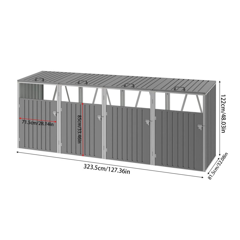 Living and Home 4 Bin Storage Shed Heavy-duty Galvanized Steel Outdoor Bin Store with Lift-up Lids & Lockable Doors