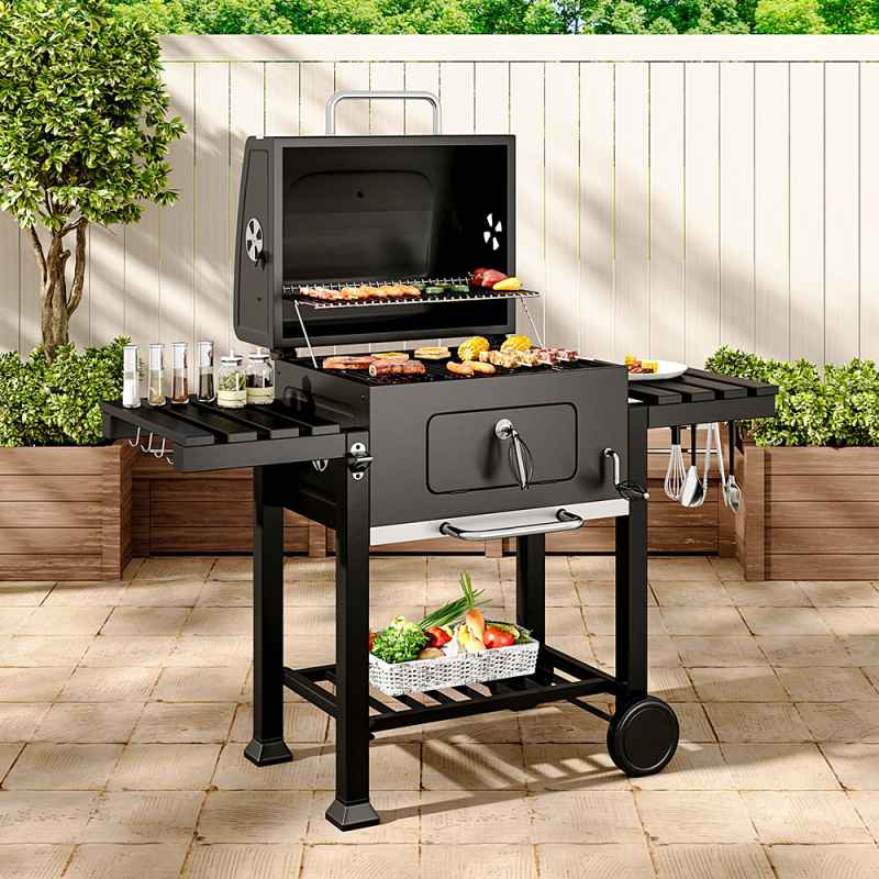 Living and Home Portable Outdoor Charcoal BBQ Grill with Side Shelves