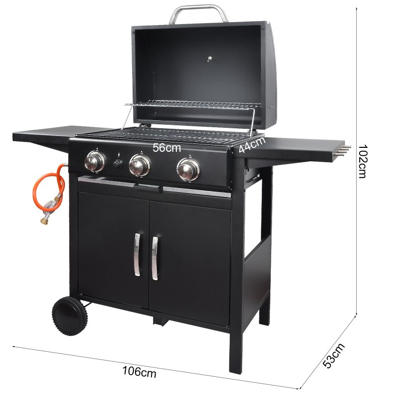 Living and Home 3-Burner Outdoor BBQ Propane Gas Grill with Wheels