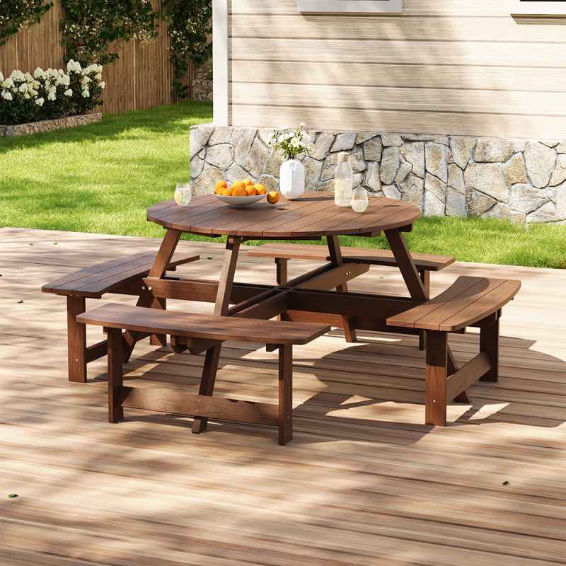 Living and Home 8-Person Round Wood Picnic Table and Bench Set
