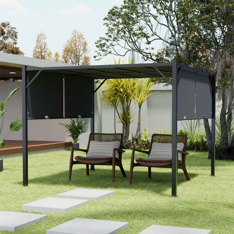 Outdoor Retractable Steel Pergola with Canopy 295cm W x 295cm D x 220cm H