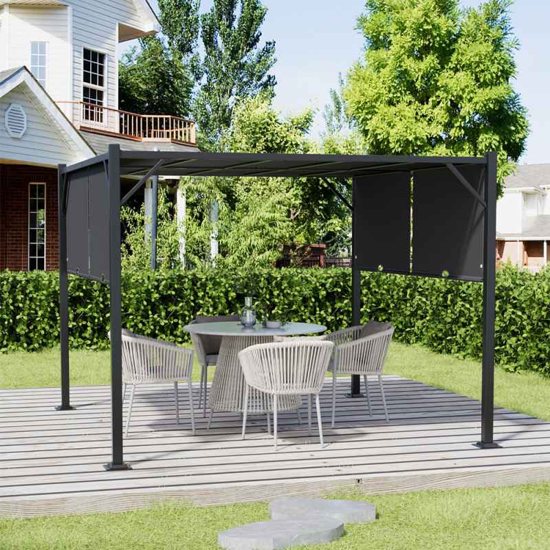 Outdoor Retractable Steel Pergola with Canopy 295cm W x 295cm D x 220cm H