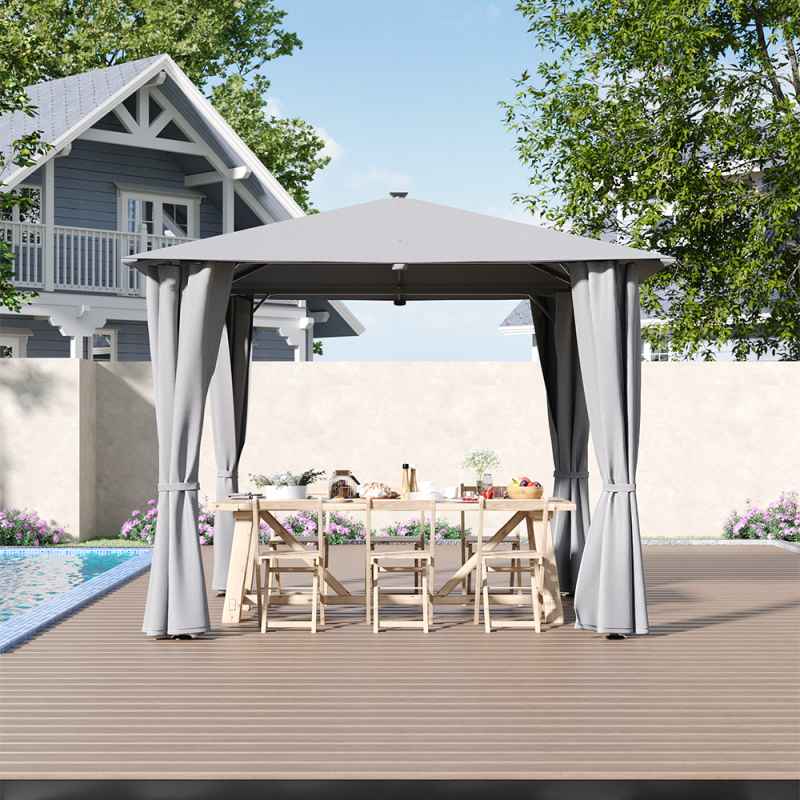 3x3M Solar LED Metal Patio Gazebo with Curtains