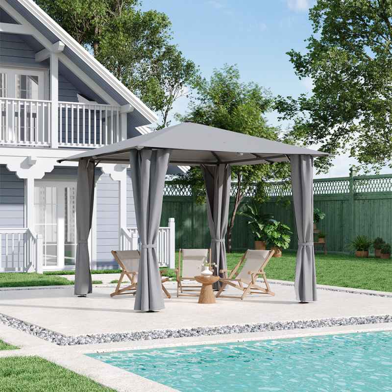 3x3M Solar LED Metal Patio Gazebo with Curtains