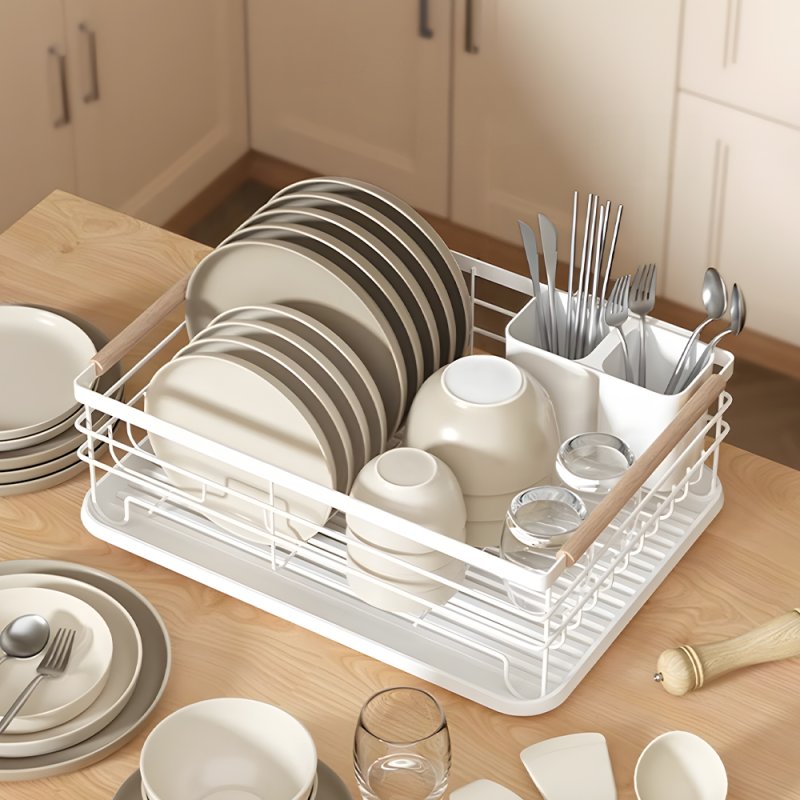 Living and Home Iron Dish Drainer Rack with Removable Drip Tray - Compact Sink Organizer with Wooden Handle, Ventilated Slots & Plastic Utensil Bins