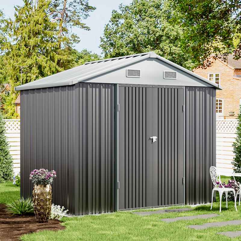 7.83 x 6.1FT Apex Roof Metal Garden Storage Shed with Lockable Door, Grey+White