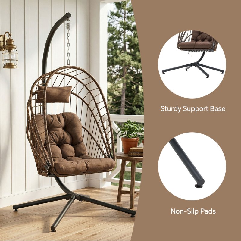 Swing Hanging Egg Chair with Cushion and Headrest, Brown + Black