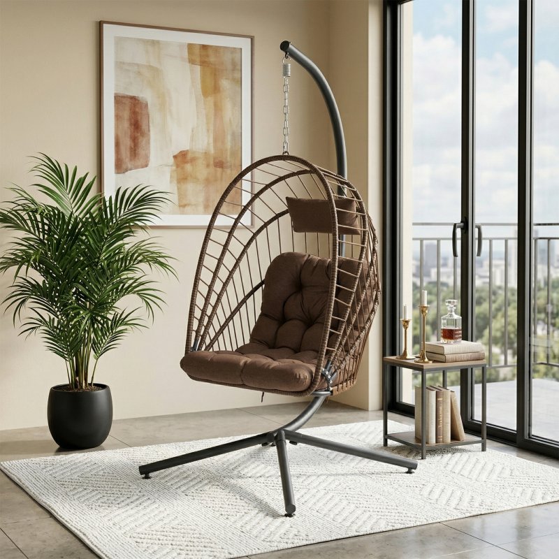 Swing Hanging Egg Chair with Cushion and Headrest, Brown + Black