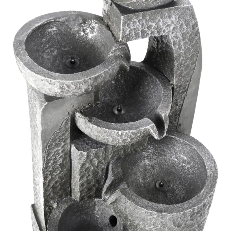 Living and Home Grey Layered Cascade Solar-powered Water Fountain for Outdoors, LED Lights, Handmade, Low-Maintenance, Resin, Water Feature