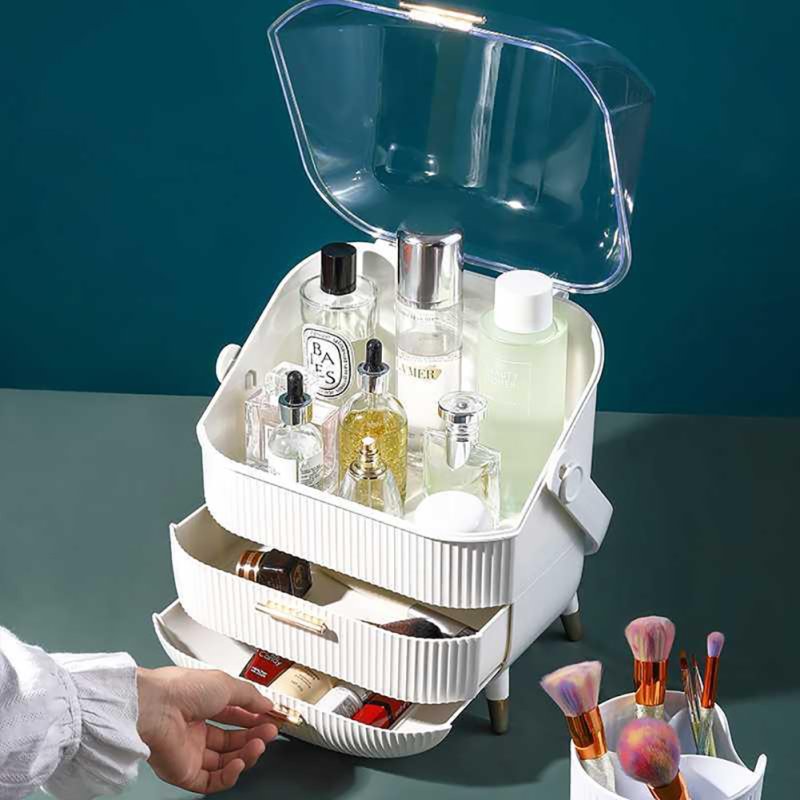 Living and Home Dustproof Makeup Organiser with Drawers and Handle in White