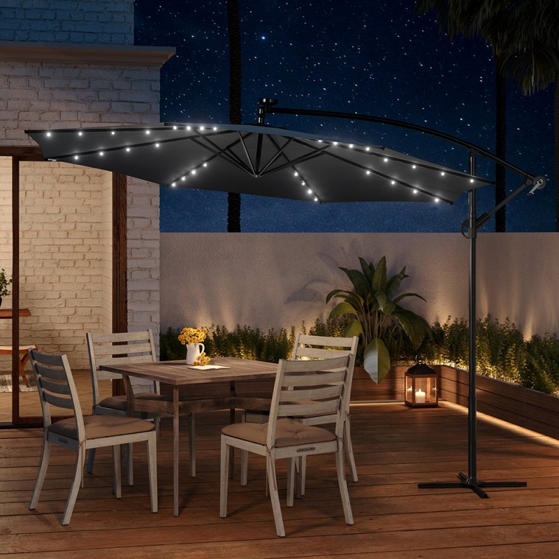 Grey Rattan 7 Piece Modular Garden Furniture Set + 32 LED Patio Umbrella Bundle