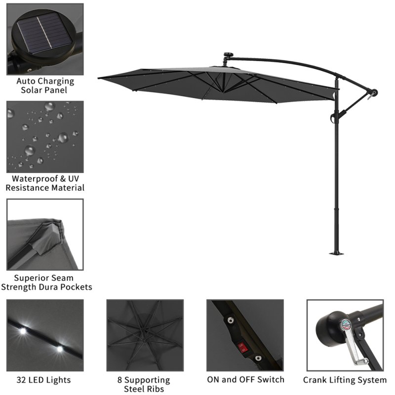 Grey Rattan 7 Piece Modular Garden Furniture Set + 32 LED Patio Umbrella Bundle