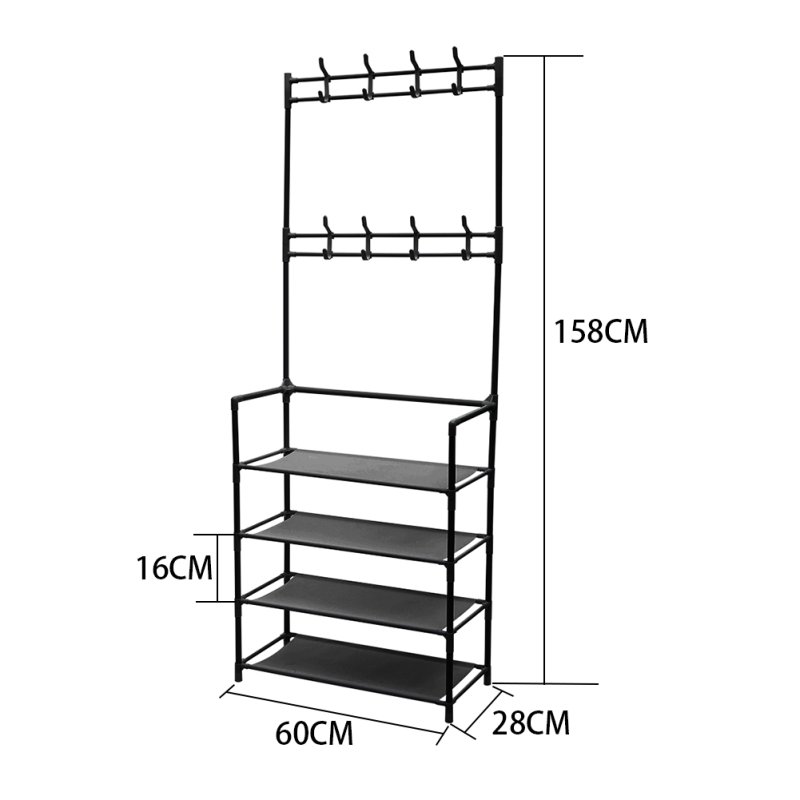 Living and Home Entryway 4 Tier Shoe Rack with Coat Hanger, Black