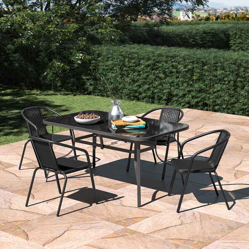 Living and Home 5pcs Garden Table & Rattan Chairs Outdoor Set with Parasol Hole – Glass-Top Table, 51mm Hole, Black, Rust-Resistant Frame