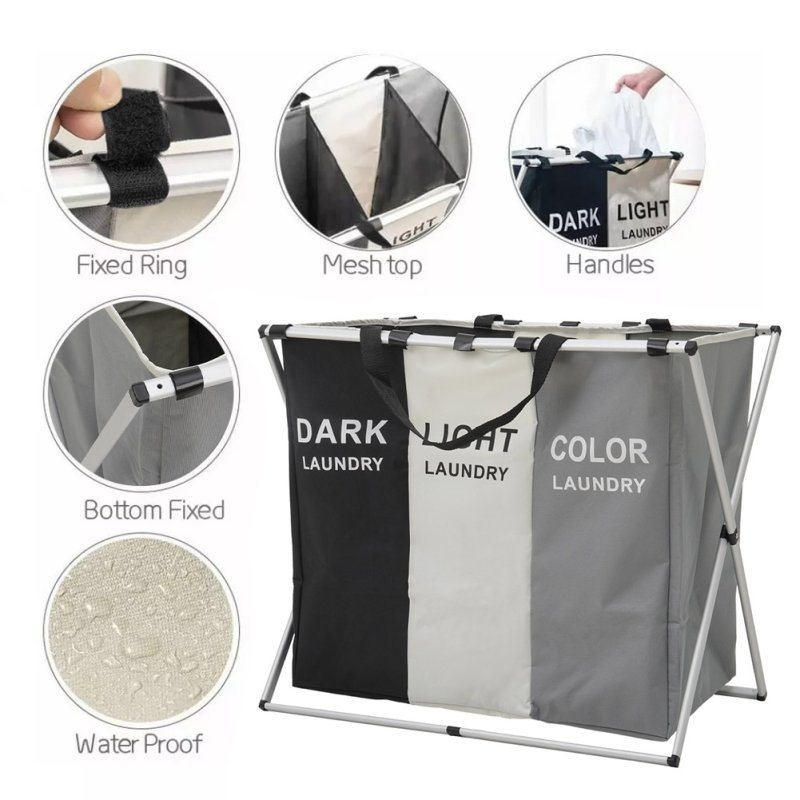 Living and Home 3-Section Foldable Laundry Basket with Aluminum Frame