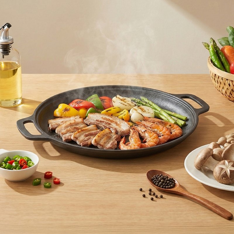 Living and Home 33cm Pre-Seasoned Round Dual-Handle Cast Iron Grill Pan