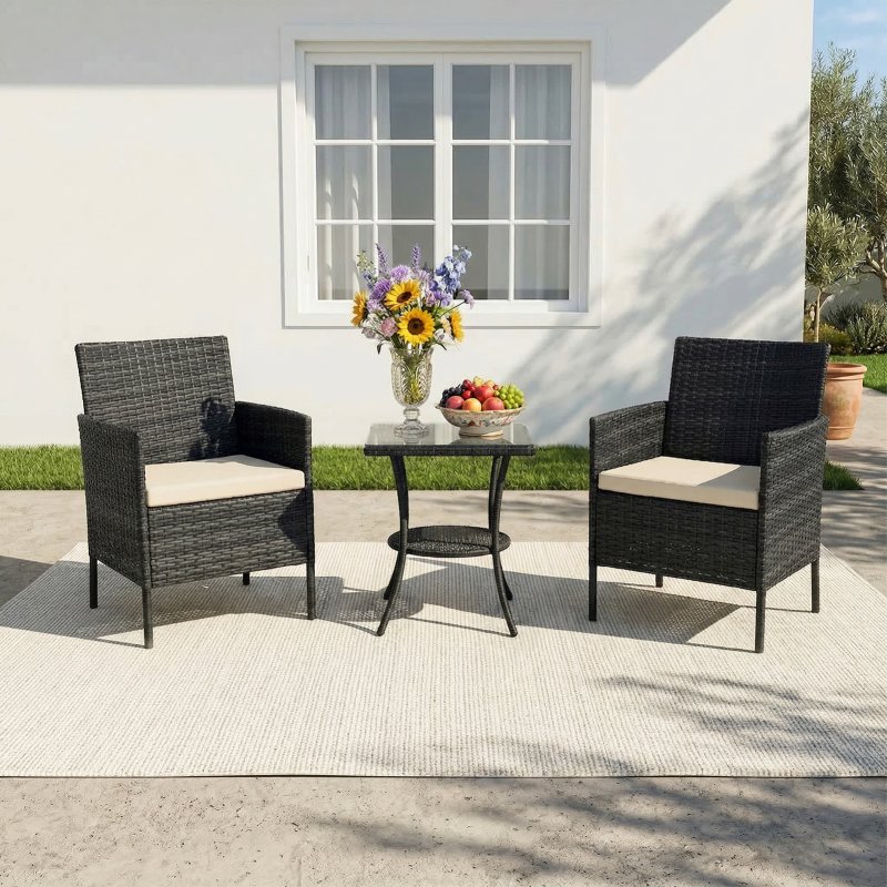 Living and Home 3-Piece PE Rattan Garden Furniture Bistro Set, Outdoor Patio Table And Chairs Set