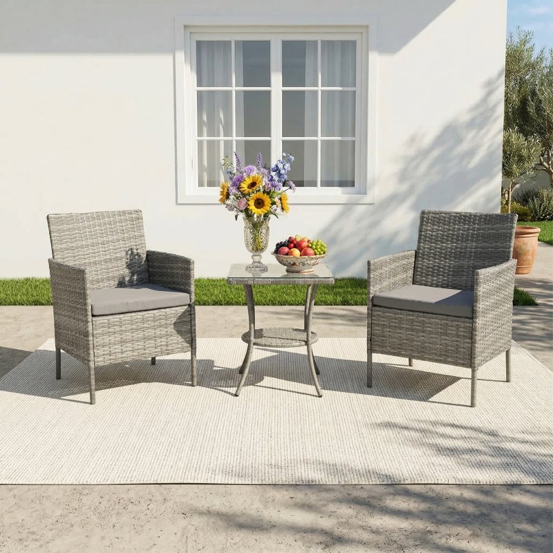 Living and Home 3-Piece PE Rattan Garden Furniture Bistro Set, Outdoor Patio Table and Chairs Set, Anti-tear, Anti-aging