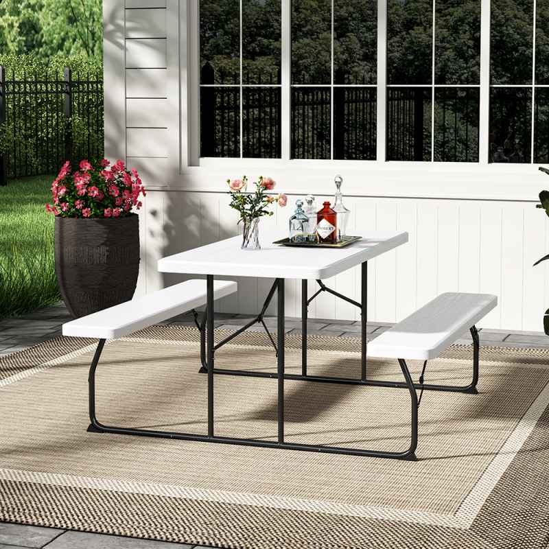 Living and Home White Foldable Picnic Table and Bench Set 151cm W x 136cm D x 73cm H