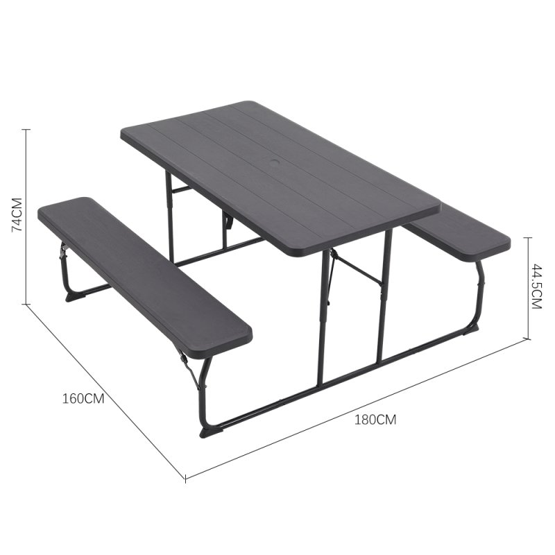Living and Home Black Foldable Picnic Table and Bench Set with Parasol Hole 180cm W x 160cm D x 74cm H