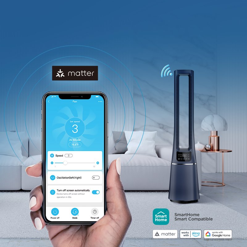 2-in-1 Bladeless Tower Fan with HEPA Filter For Air Purify with Touch Screen LED Display, Dark Blue