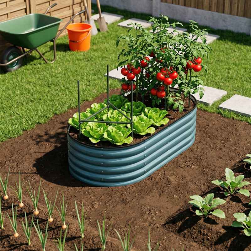 Living and Home 160cm W Oval-Shaped Galvanised Steel Raised Garden Bed, Garden Planter, Dark Green