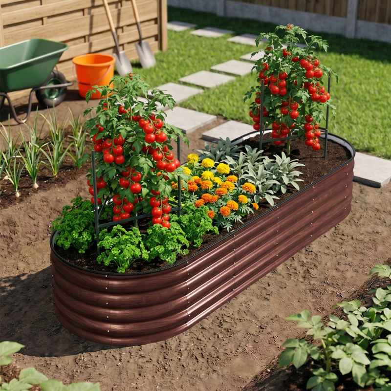 Living and Home 240cm W Oval-Shaped Galvanised Steel Raised Garden Bed, Brown
