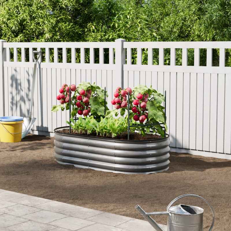 Living and Home 160cm W Outdoor Galvanized Steel Grey Raised Garden Bed with Green Trellis