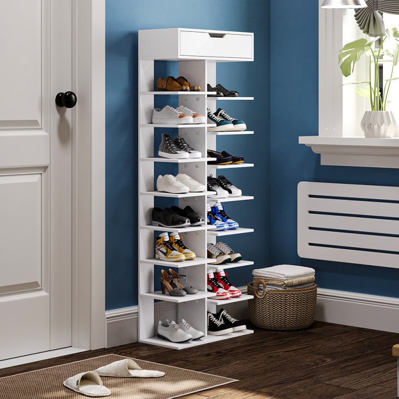 Living and Home 9 Tier Shoe Rack with Drawer Organizer Storage Shelf Hallway Shoe Rack