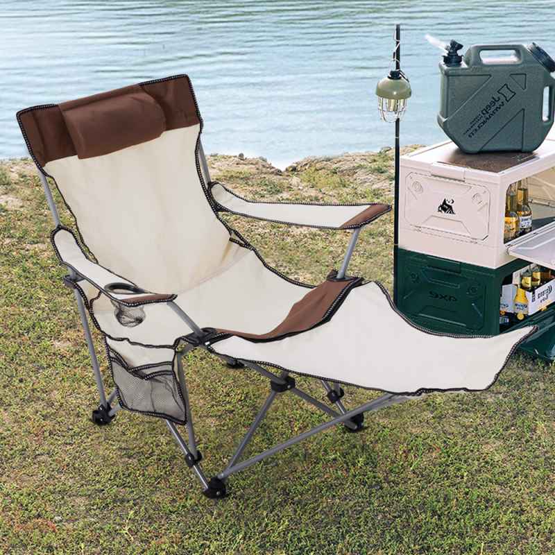 Living and Home Outdoor 2-In-1 Foldable Camping Chair with Footrest, Lounge Chair, Beige
