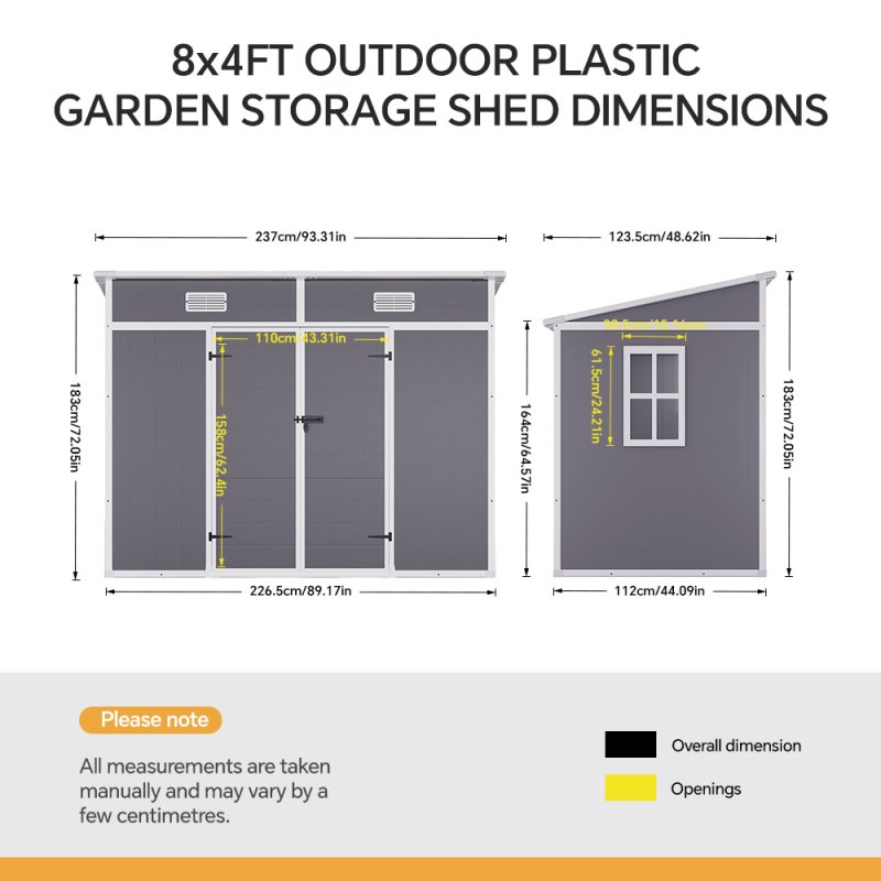Living and Home 8x4FT Outdoor Plastic Garden Storage Shed, Grey