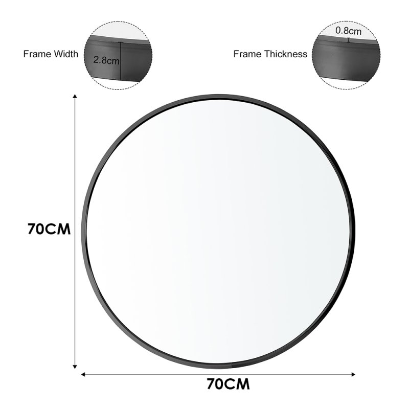 Living and Home 70cm Black Nordic Round Bathroom Framed Mirror Wall Hanging, Moisture-Resistant Design, Anti-Fog Metal Frame