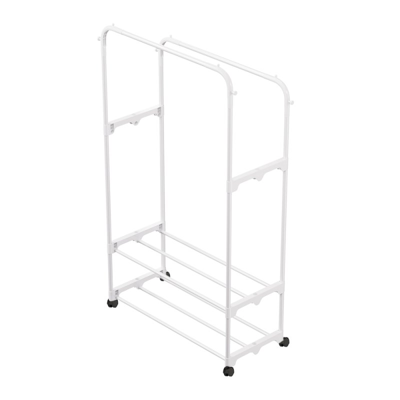 Living and Home Freestanding Double Rod Metal Clothes Rack with 2 Shelves and Hooks, White