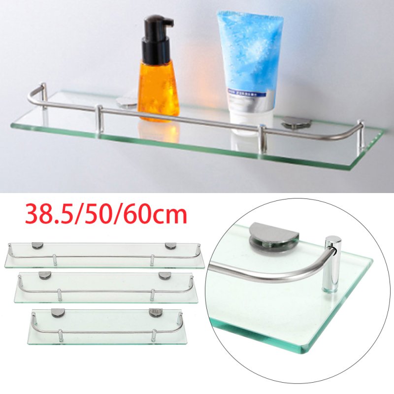 Living and Home 38.5/50/60cm Wall Mounted Tempered Glass Bathroom Shelf, 6mm Thick Glass Toiletries Storage Organizer with Guardrail