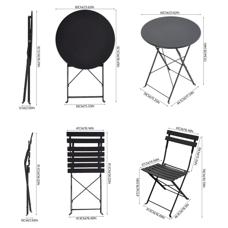 Living and Home 3-Piece Outdoor Folding Bistro Set, Table & Chairs Set, Black