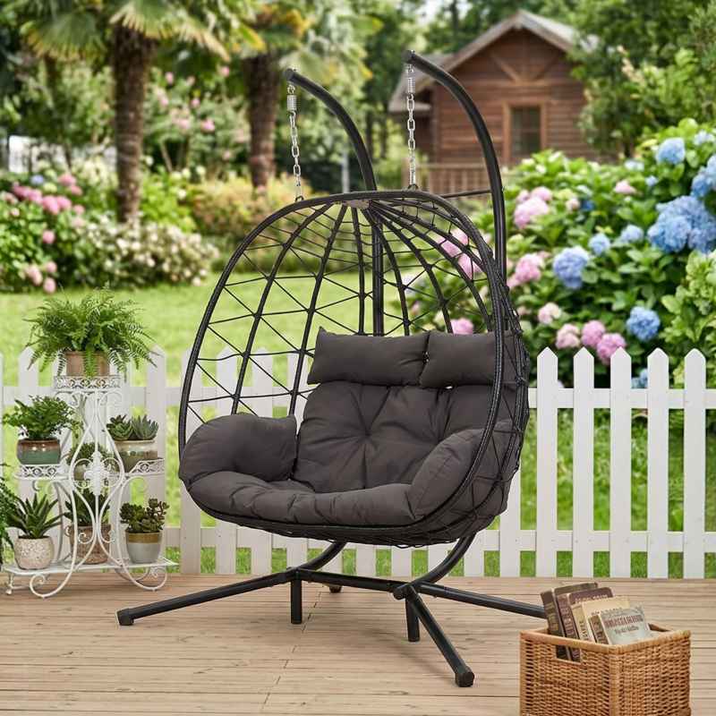 Living and Home 2-Seater Swing Hanging Egg Chair with Metal Stand, Adjustable Chains, Indoor/Outdoor Use