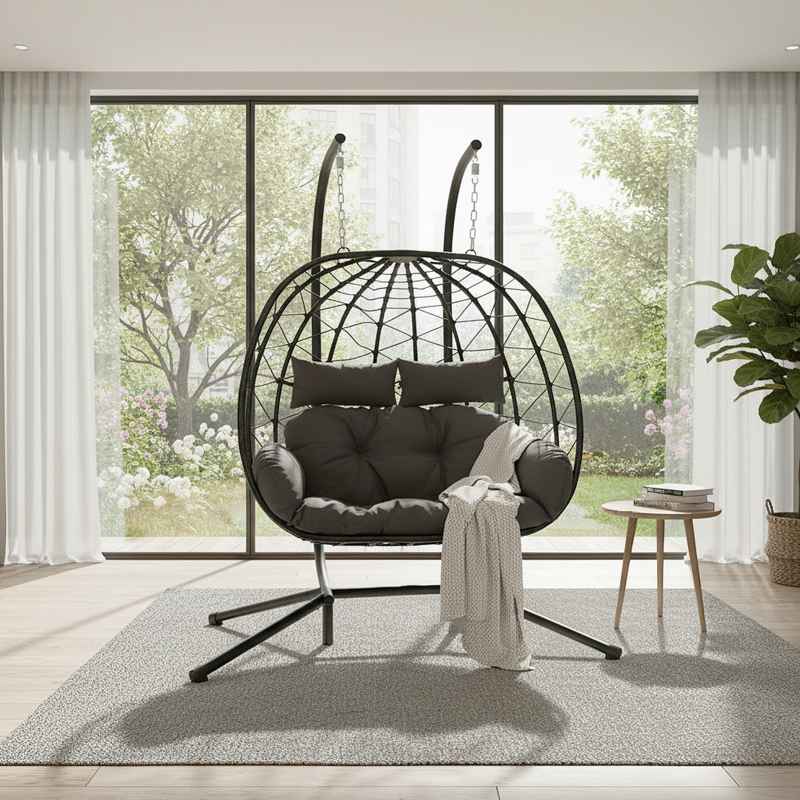 Living and Home 2-Seater Swing Hanging Egg Chair with Metal Stand, Adjustable Chains, Indoor/Outdoor Use