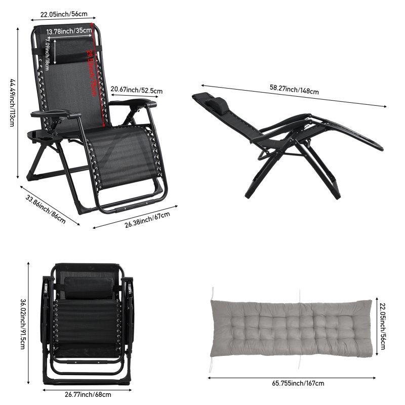 Living and Home Zero Gravity Outdoor Recliner with Seat Cushion & Headrest, Non-Slip Base Pads, 200kg Max Load, High-Quality Tear-Resistant Breathable Textilene Mesh