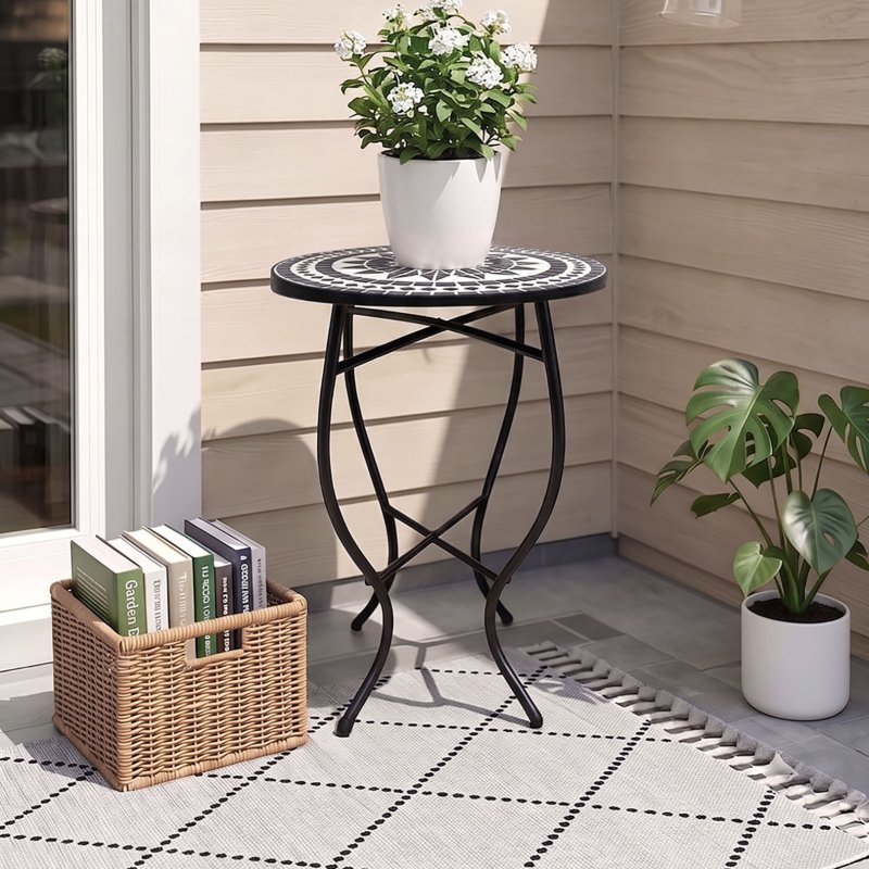 Living and Home Outdoor Mosaic Accent Side Table Round Plant Stand, 36cm Dia x 54cm H