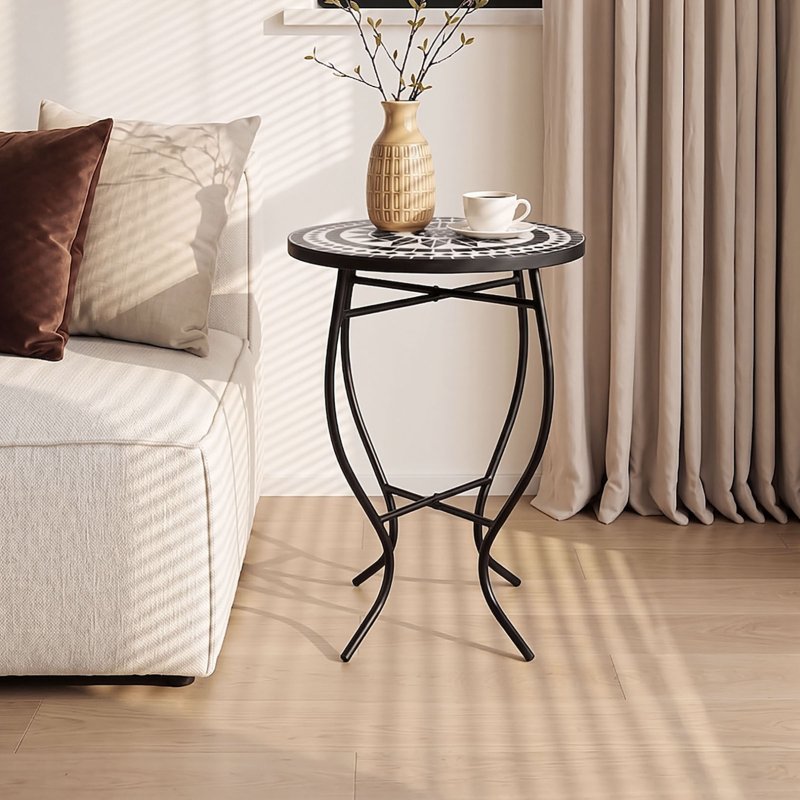 Living and Home Outdoor Mosaic Accent Side Table Round Plant Stand, 36cm Dia x 54cm H