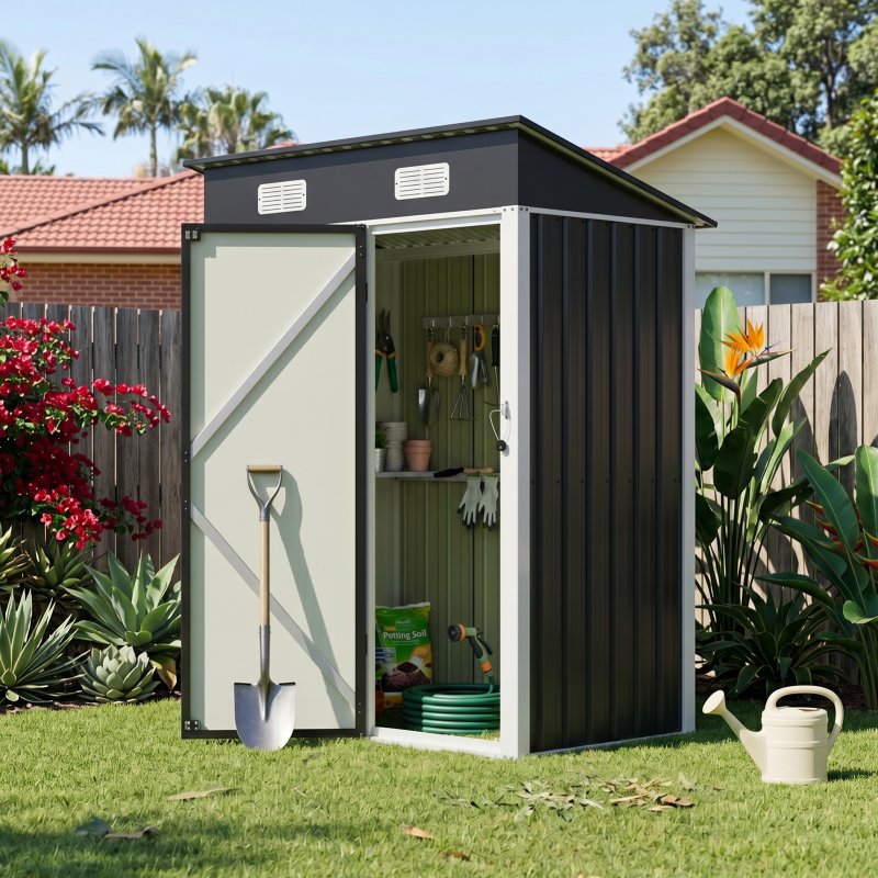 Living and Home 4.92x2.95ft Outdoor Metal Storage Shed, Pent Roof Garden Tool House with Lockable Door, Vents, Black & White