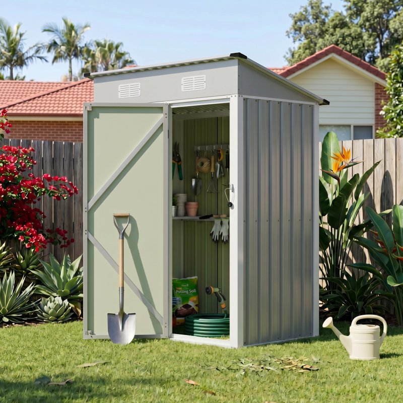 Living and Home 4.92x2.95ft Outdoor Metal Storage Shed, Pent Roof Garden Tool House with Lockable Door, Vents, Grey & White
