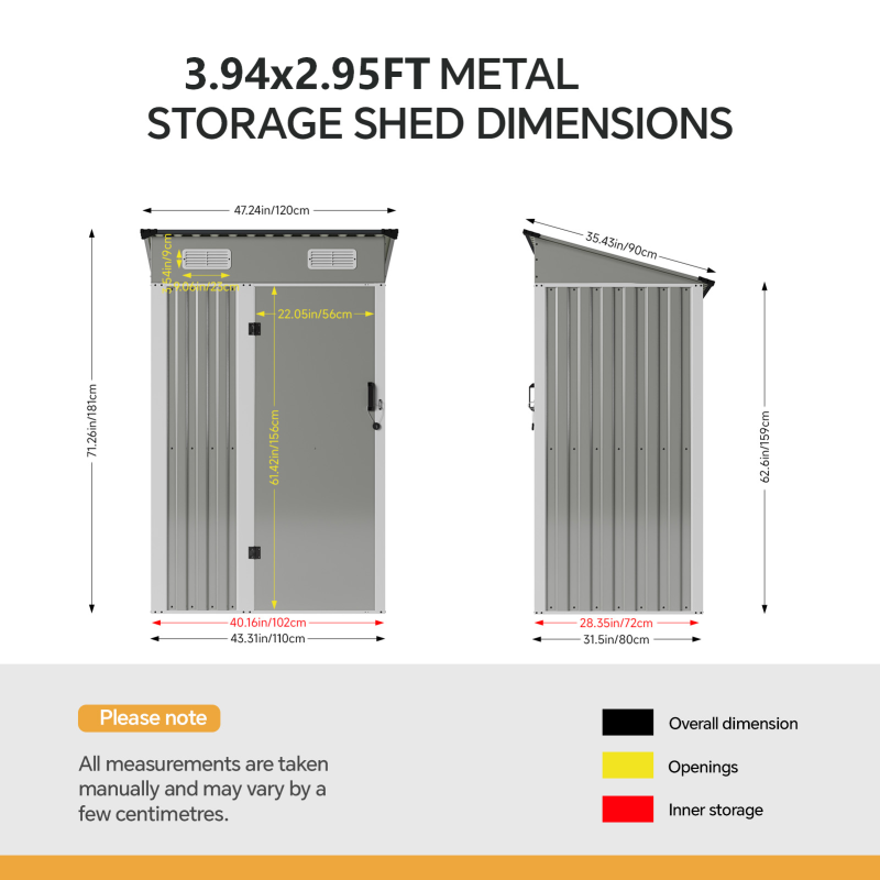 Living and Home 3.94x2.95ft Outdoor Metal Storage Shed, Pent Roof Garden Tool House with Lockable Door & Vents, Grey & White