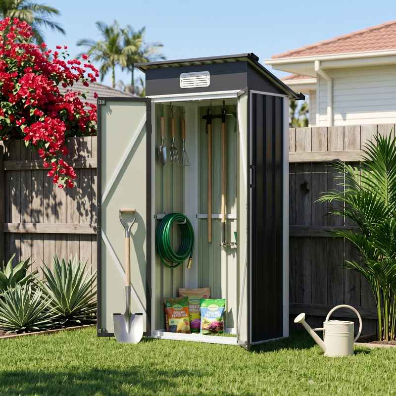 Living and Home 2.95x1.97ft Outdoor Metal Storage Shed, Pent Roof Garden Tool House with Lockable Double Doors & Vent, Black+White
