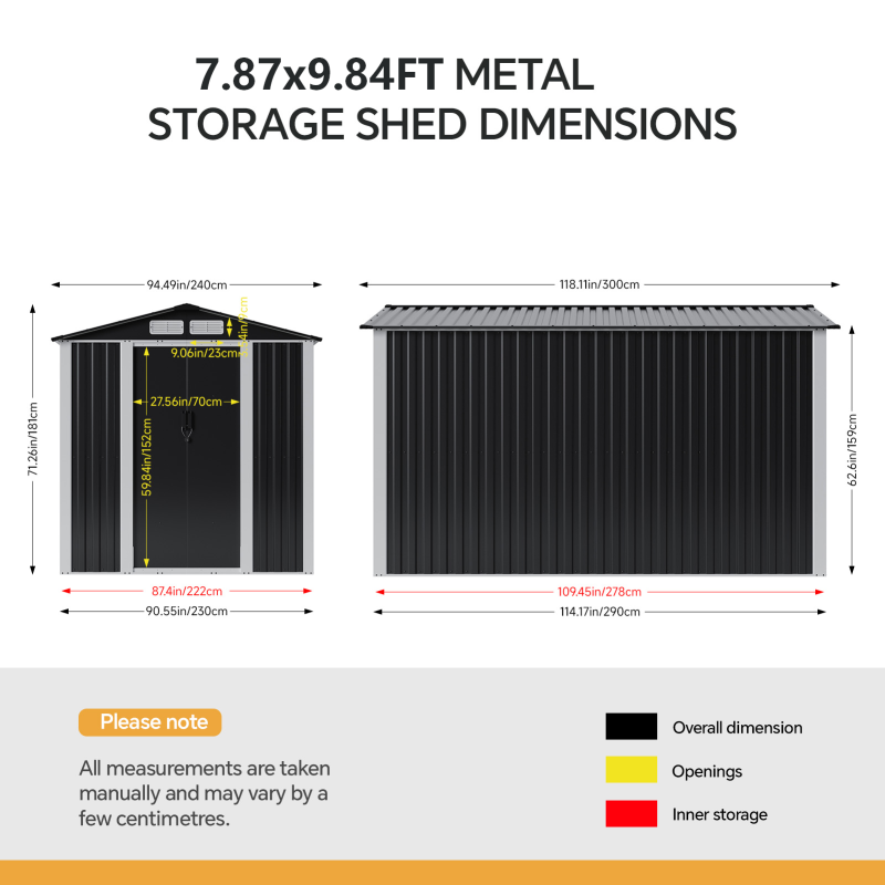 Living and Home 7.87x9.84ft Apex Roof Metal Storage Shed, Outdoor Garden Tool House with Lockable Sliding Door & Vents, Black & White