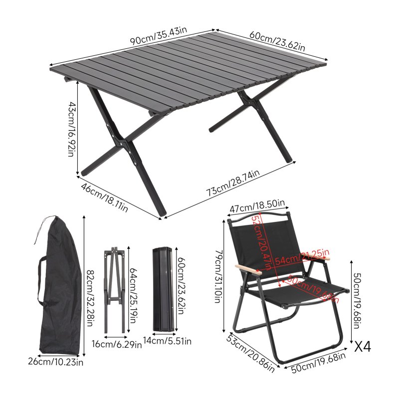 Living and Home 90cm X-Shaped Portable Folding Camping Table & Chair Set, 90cm Black Roll Top Table + 4 Folding Kermit Chairs with Wood Armrests, Outdoor Picnic Furniture with Carry Bags