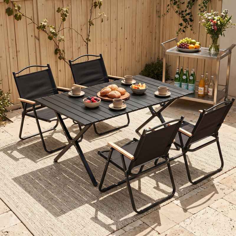 Living and Home 120cm X-Shaped Portable Folding Camping Table & Chair Set, 120cm Black Roll Top Table + 4 Folding Kermit Chairs with Wood Armrests, Outdoor Picnic Furniture with Carry Bags